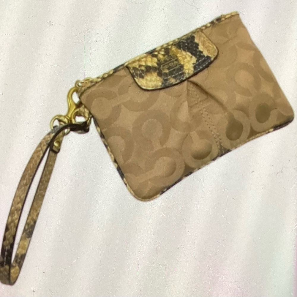 Coach Tan Signature Canvas Wristlet with Embossed Snakeskin